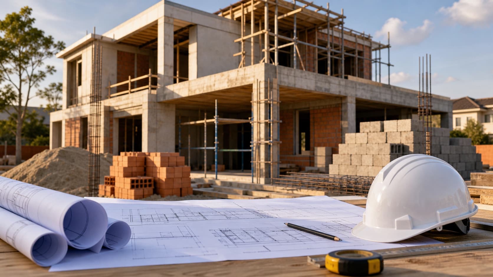 Obra residencial em construção com capacete e plantas técnicas sobre mesa